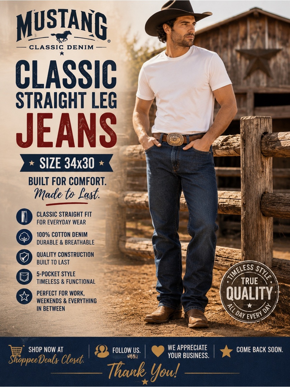 Mustang Classic Straight Leg Jeans – Men’s 34x30 – Dark Wash Denim